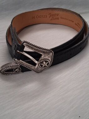 Tony Lama Black Leather Western Belt with Star Concho Buckle